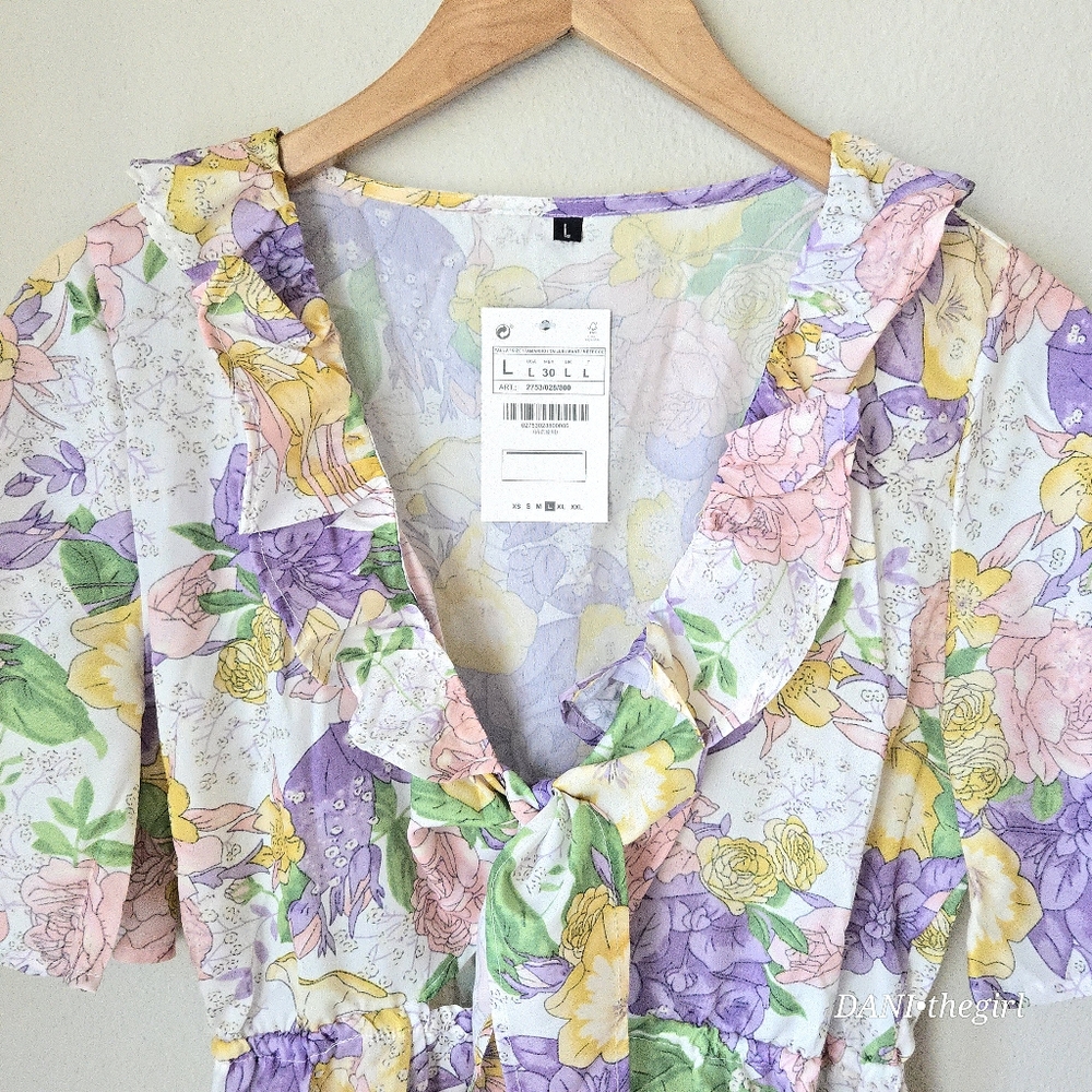 Floral Plunge Neck Tie Front Flutter Sleeve Ruffle Trim Dress - Picture 6 of 14